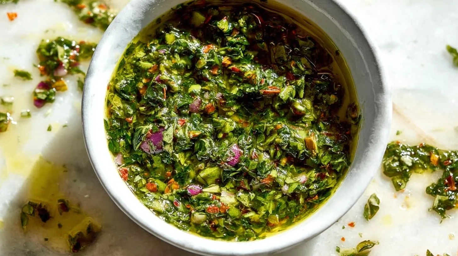 Fresh herbs being mixed into a homemade chimichurri sauce