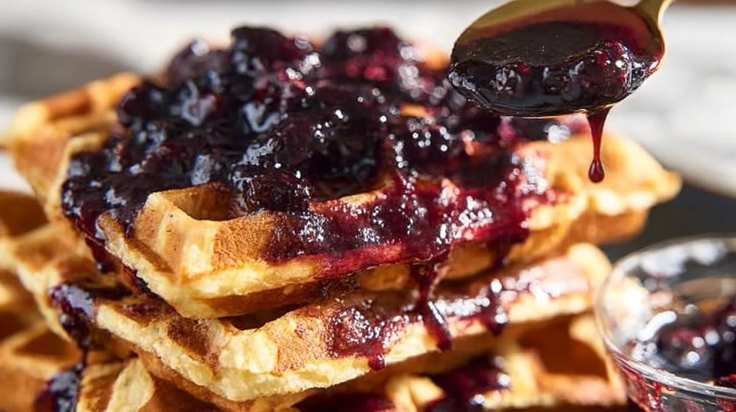 Homemade blueberry pancake syrup drizzled over fluffy pancakes