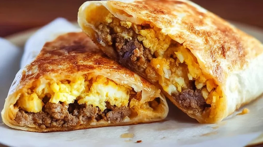 Homemade breakfast crunchwrap filled with eggs, cheese, and fresh ingredients.