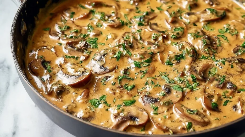 Bowl of homemade mushroom cream sauce made with fresh mushrooms and cream