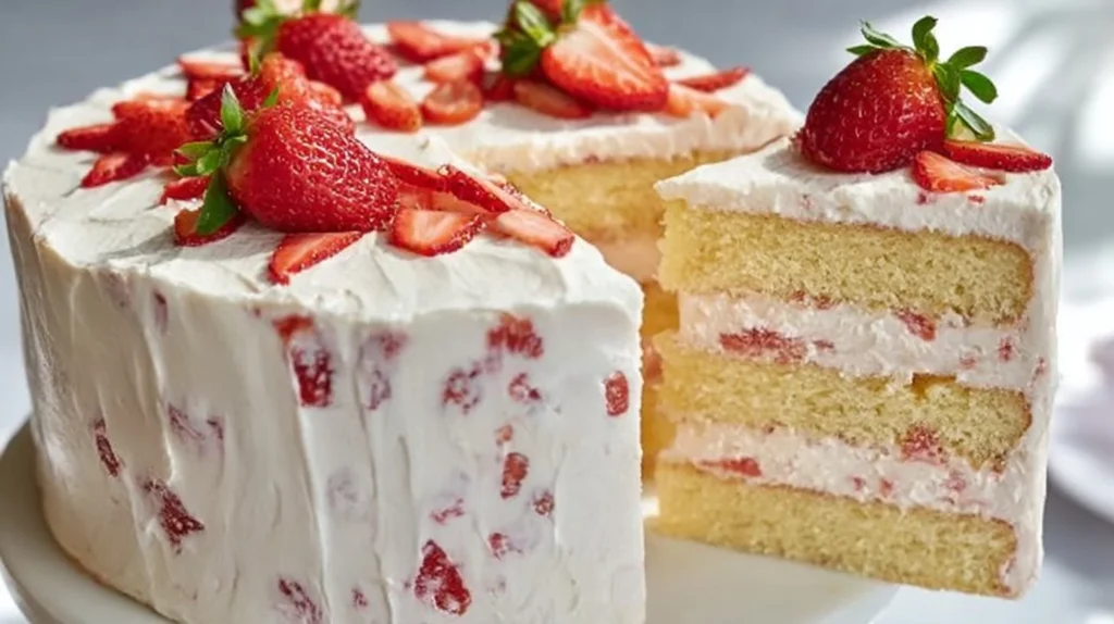 Homemade strawberry cake topped with fresh strawberries and whipped cream