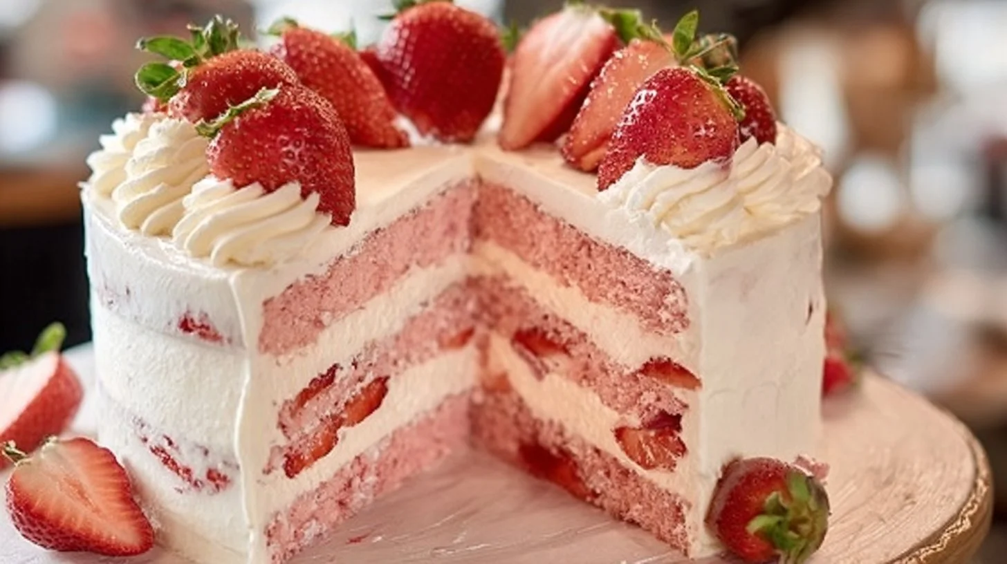 Homemade strawberry cake topped with fresh strawberries and cream frosting