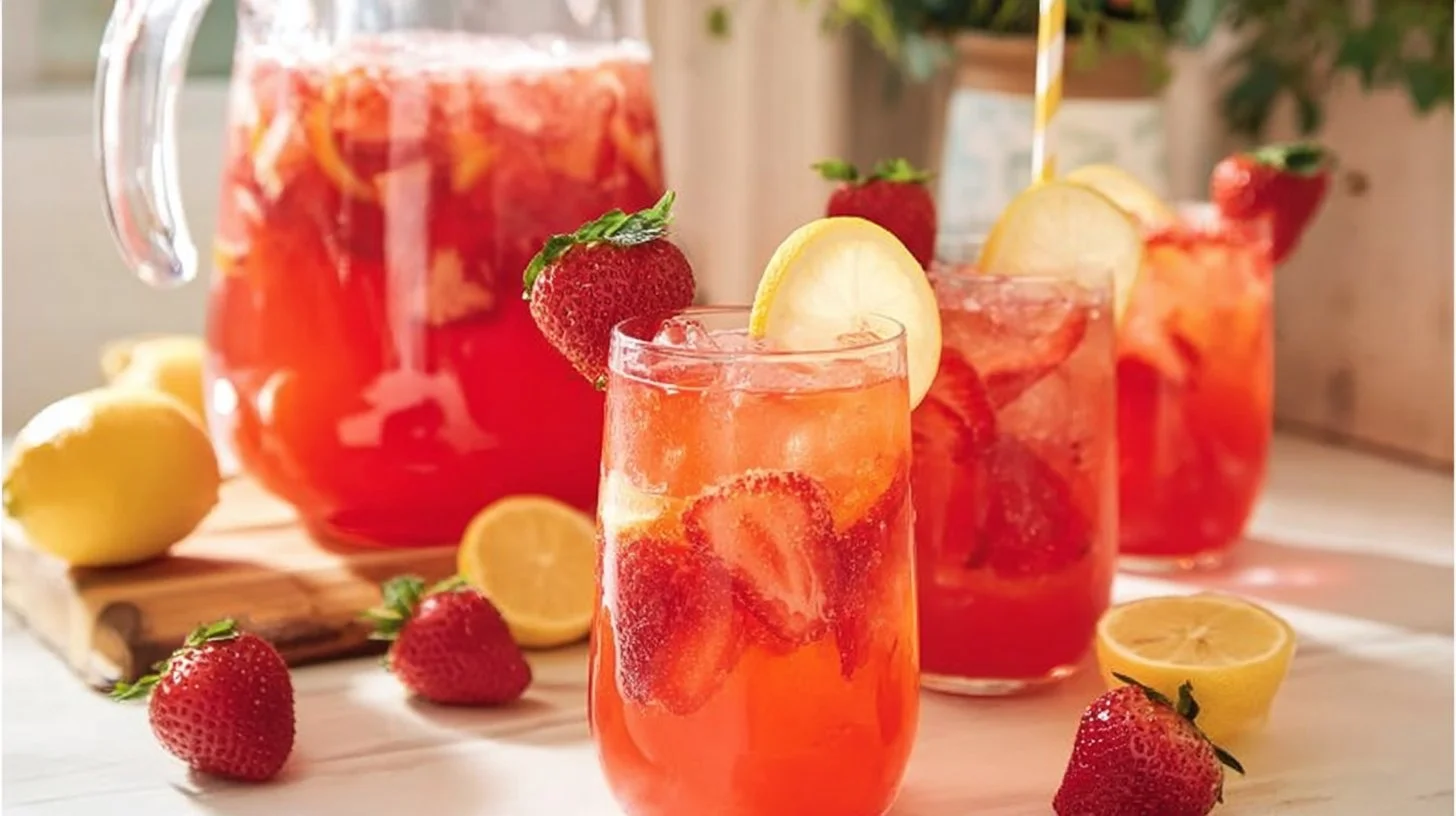 Refreshing homemade strawberry lemonade served in a glass with fresh strawberries.