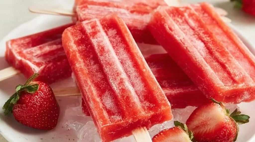 Homemade strawberry popsicles in colorful molds ready to enjoy.