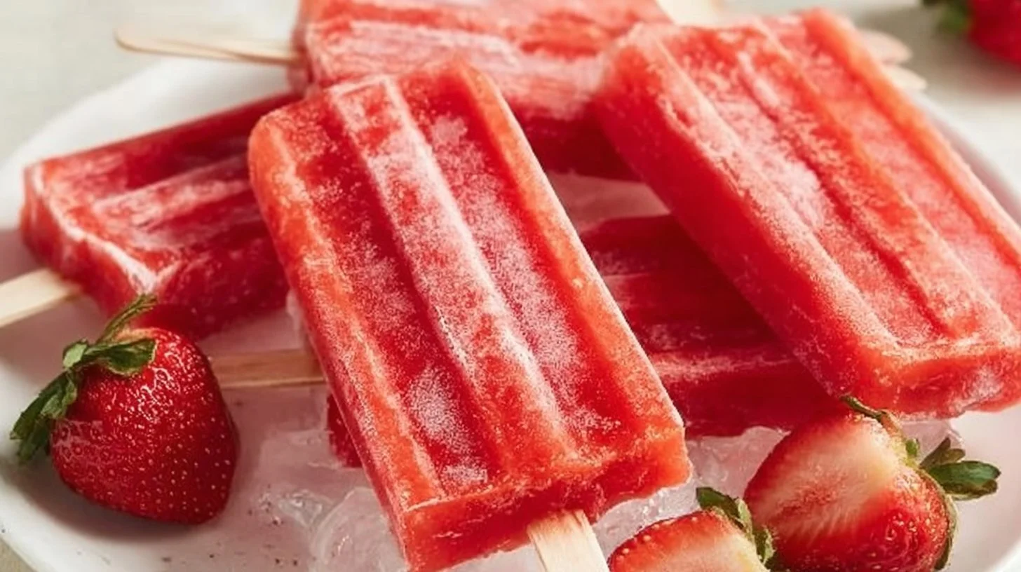 Homemade strawberry popsicles in colorful molds ready to enjoy.