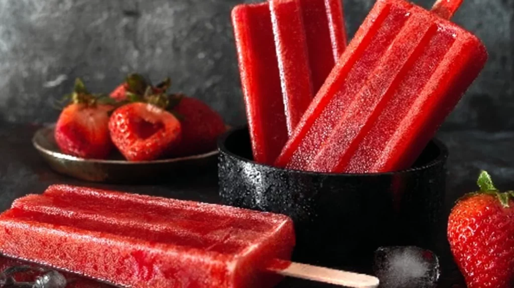 Homemade strawberry popsicles on a wooden table, perfect for summer refreshments