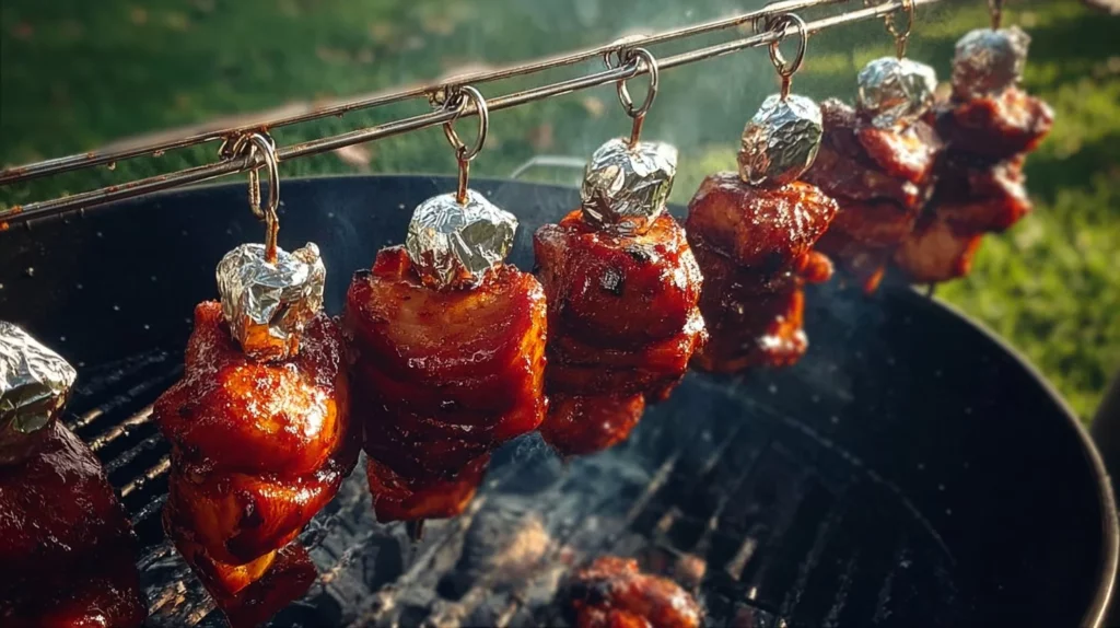 Honey Bacon BBQ Chicken Lollipops on a grill, garnished with herbs.