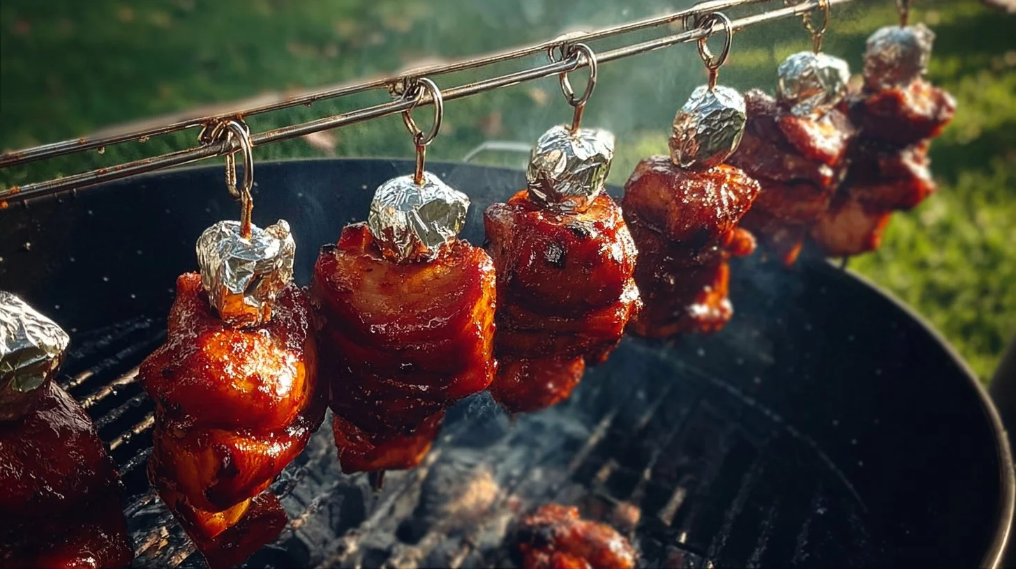 Honey Bacon BBQ Chicken Lollipops on a grill, garnished with herbs.