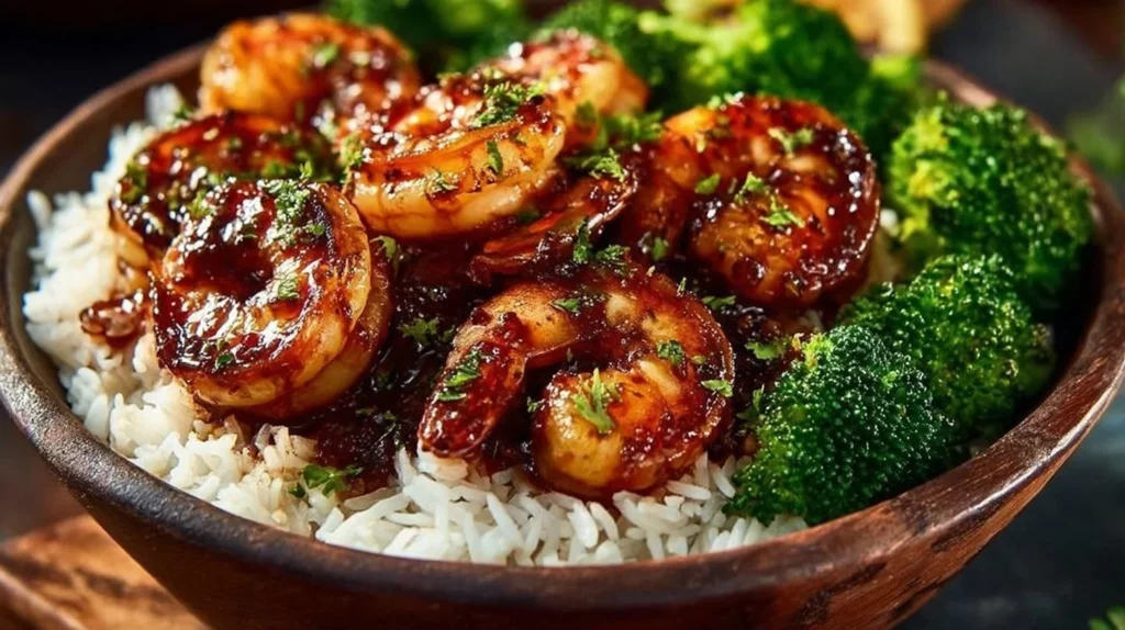 Honey Garlic Shrimp Bowls with vegetables and rice