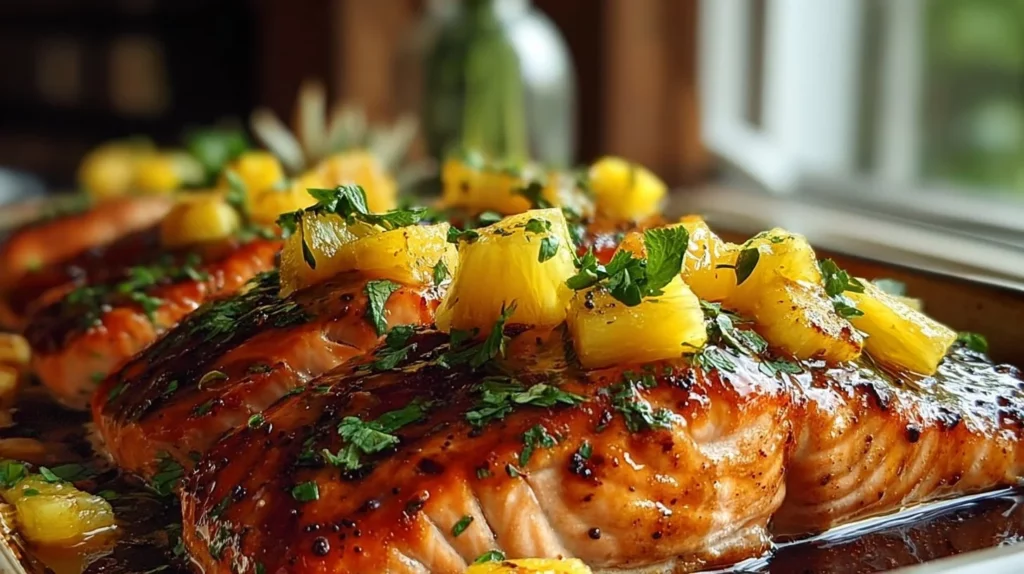 Honey pineapple glazed salmon on a plate with vibrant greens