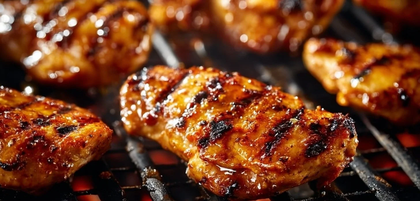 Honey pineapple grilled chicken dish garnished with herbs and barbecue sauce