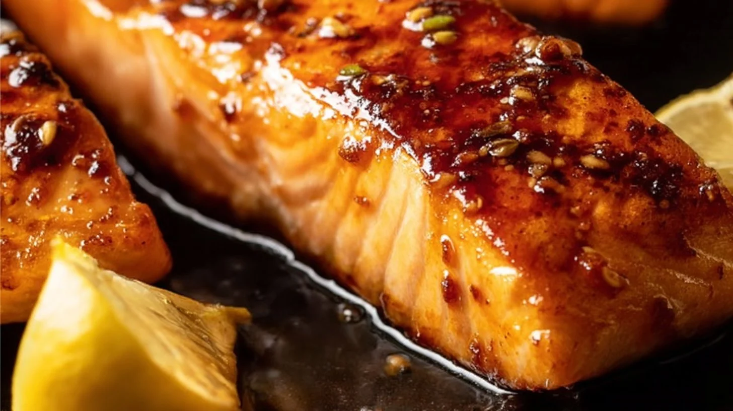 Honey soy sauce glazed salmon on a white plate garnished with green onions