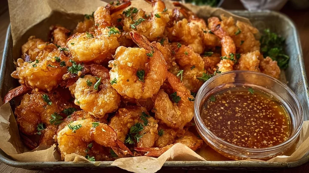 Plate of hot honey fried shrimp garnished with herbs and served with dipping sauce