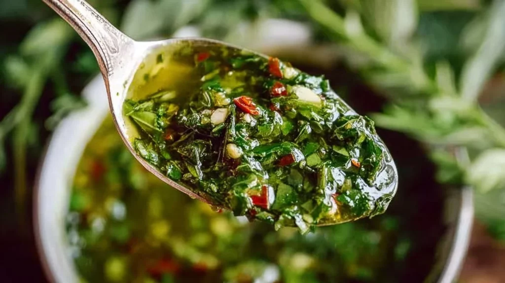 Freshly made chimichurri sauce in a small bowl with herbs and garlic.