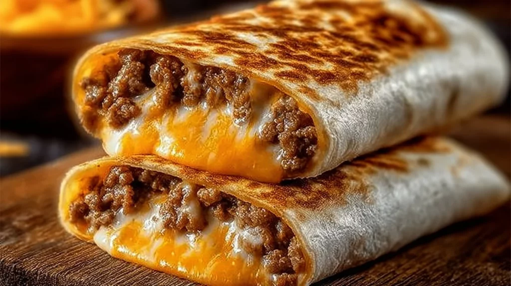 Easy grilled cheese burrito filled with melted cheese and savory ingredients