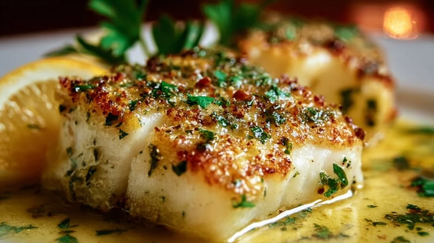 Irresistible lemon garlic butter cod plated elegantly with fresh herbs
