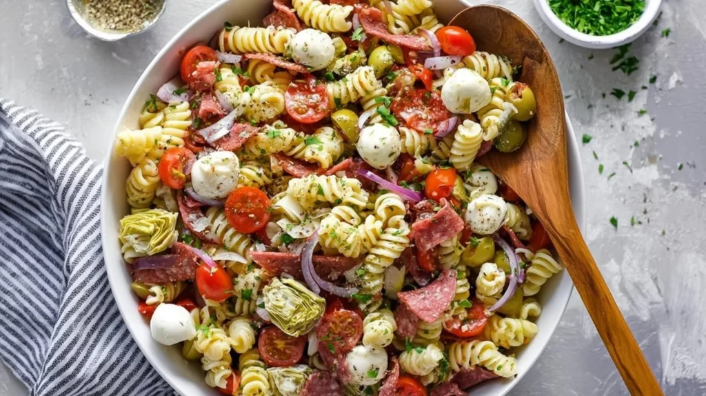 A bowl of Italian antipasto pasta salad filled with colorful vegetables and savory meats.