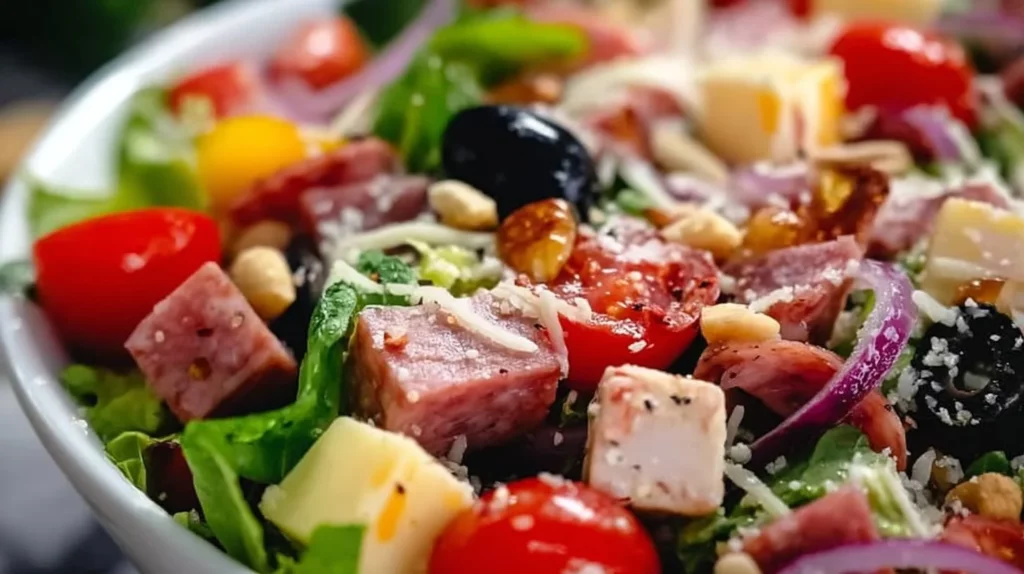 Delicious Italian Chopped Salad with fresh vegetables and dressing