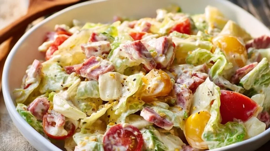 A colorful Italian Grinder Salad featuring fresh vegetables and Italian meats.
