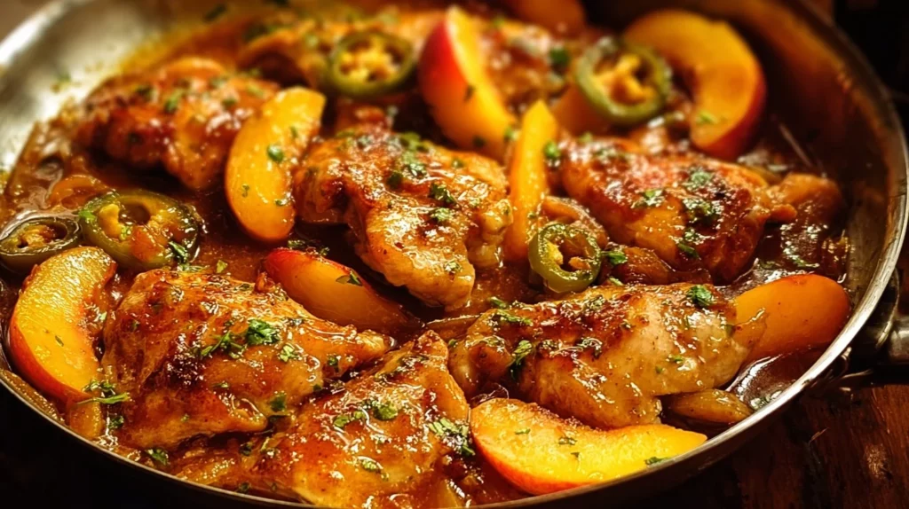 Grilled Jalapeño Peach Chicken garnished with fresh herbs on a plate.