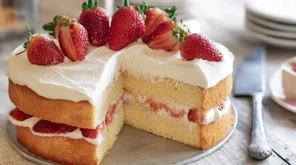 Japanese strawberry sponge cake topped with fresh strawberries and cream