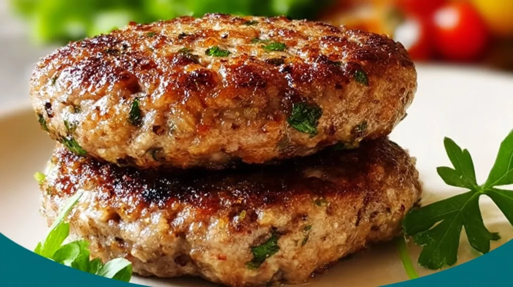 Juicy ground turkey burgers on a grill with fresh toppings