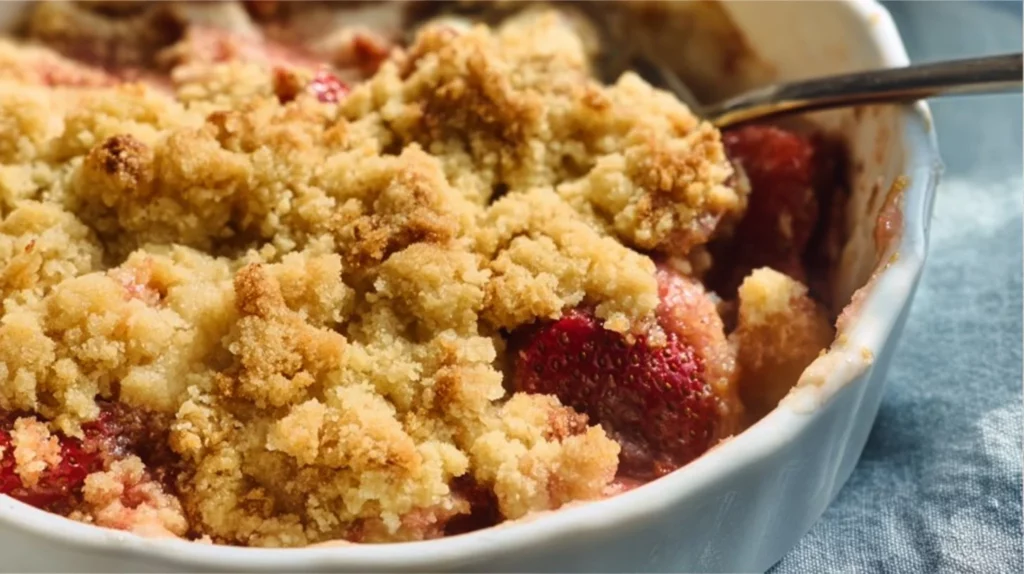 Delicious Keto Strawberry Rhubarb Crumble topped with almond flour and nuts