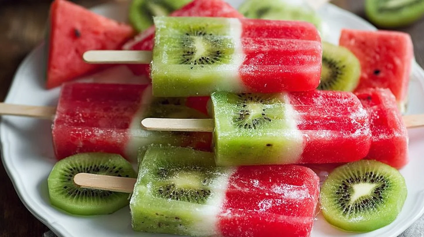 Homemade Kiwi Watermelon Fruit Popsicles with fresh fruit