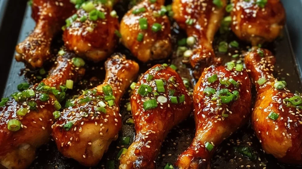 Korean glazed chicken drumsticks garnished with sesame seeds and green onions