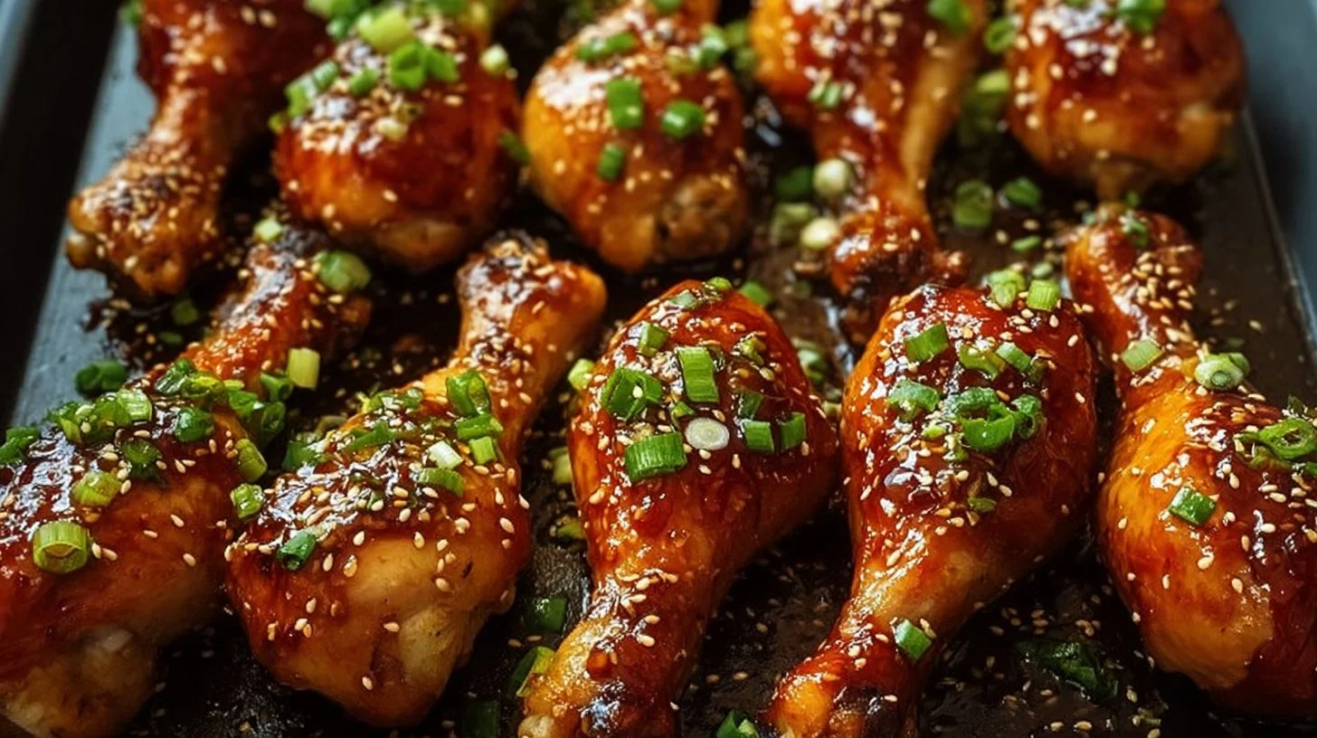 Korean glazed chicken drumsticks garnished with sesame seeds and green onions