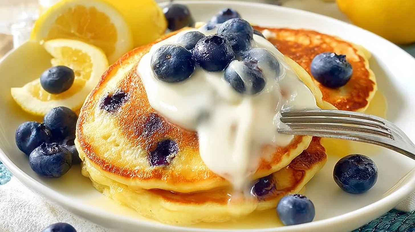 Fluffy lemon blueberry pancakes topped with fresh blueberries and lemon zest