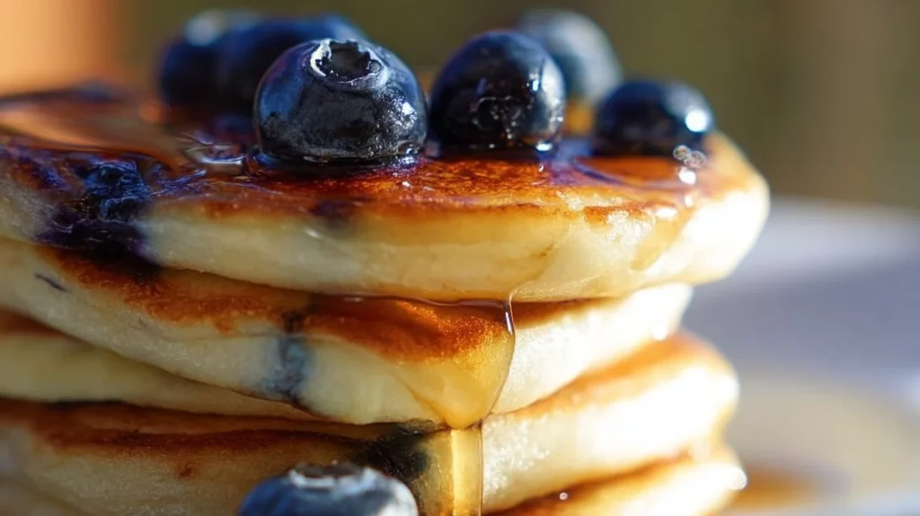 Delicious lemon blueberry pancakes topped with fresh blueberries and lemon zest