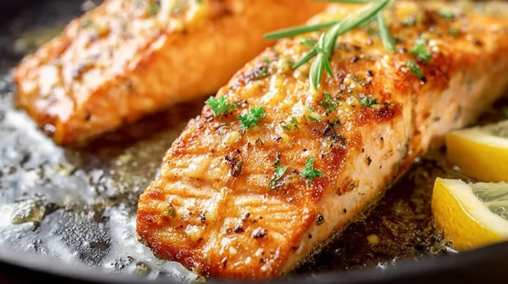 Delicious Lemon Garlic Butter Salmon served with fresh herbs and lemon slices.