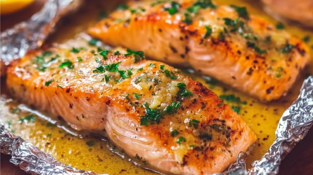 Lemon Garlic Butter Salmon served with a side of vegetables on a plate