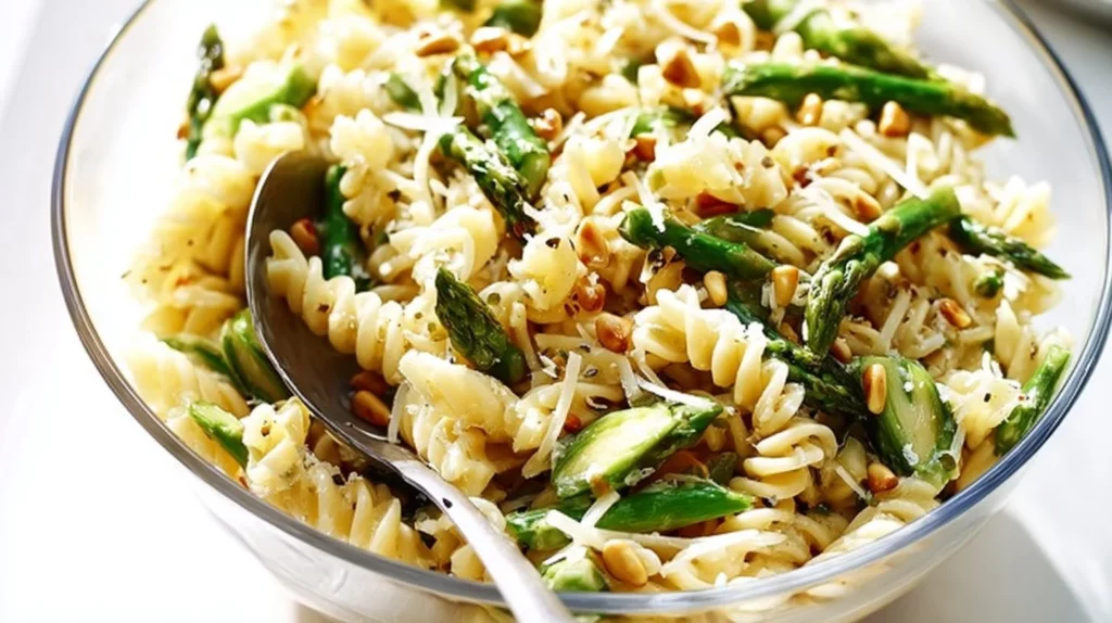 Lemony artichoke pasta salad served in a bowl with fresh herbs
