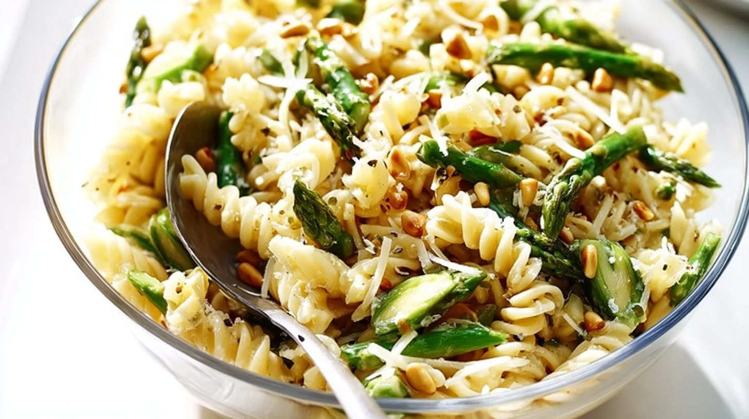 Lemony artichoke pasta salad served in a bowl with fresh herbs