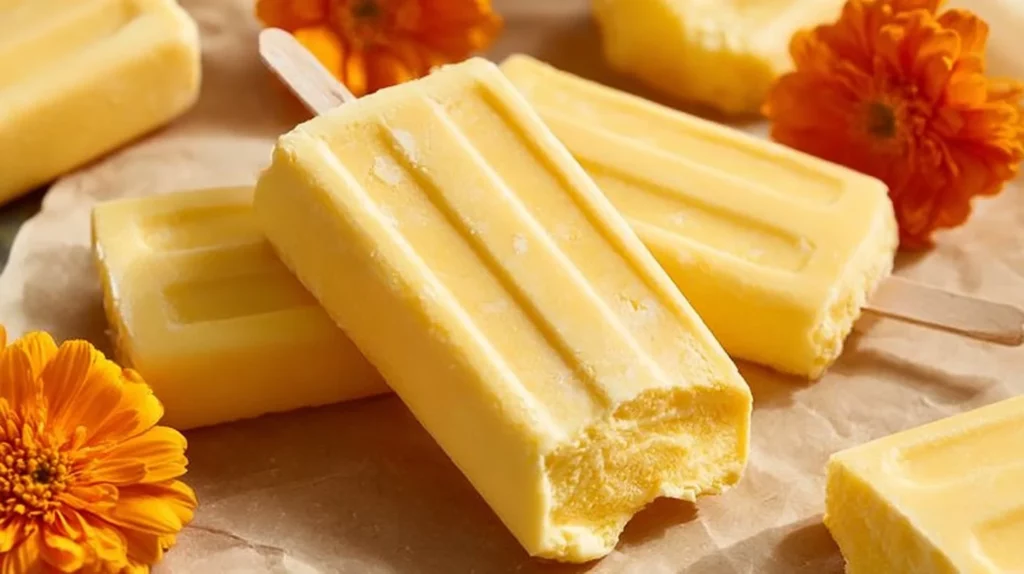 Homemade mango popsicles with fresh mango slices