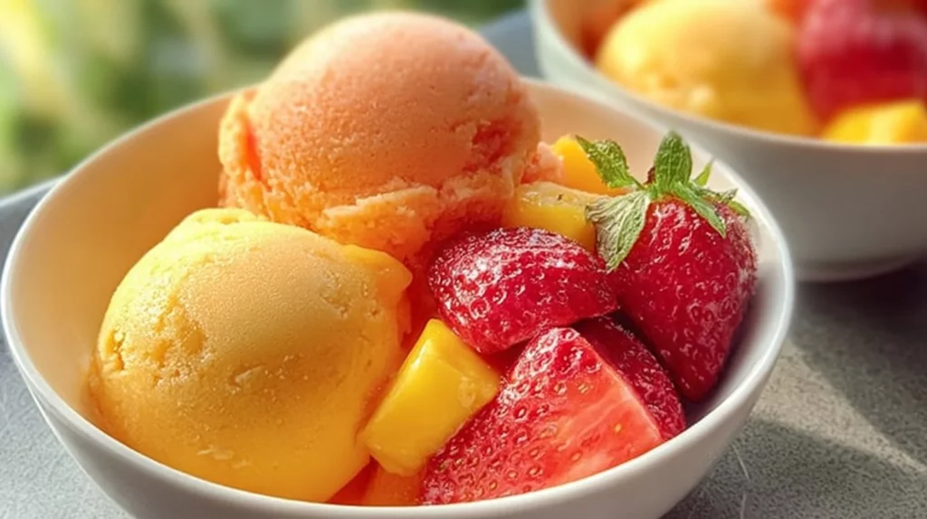 Delicious bowl of mango strawberry sorbet with fresh fruit garnishes