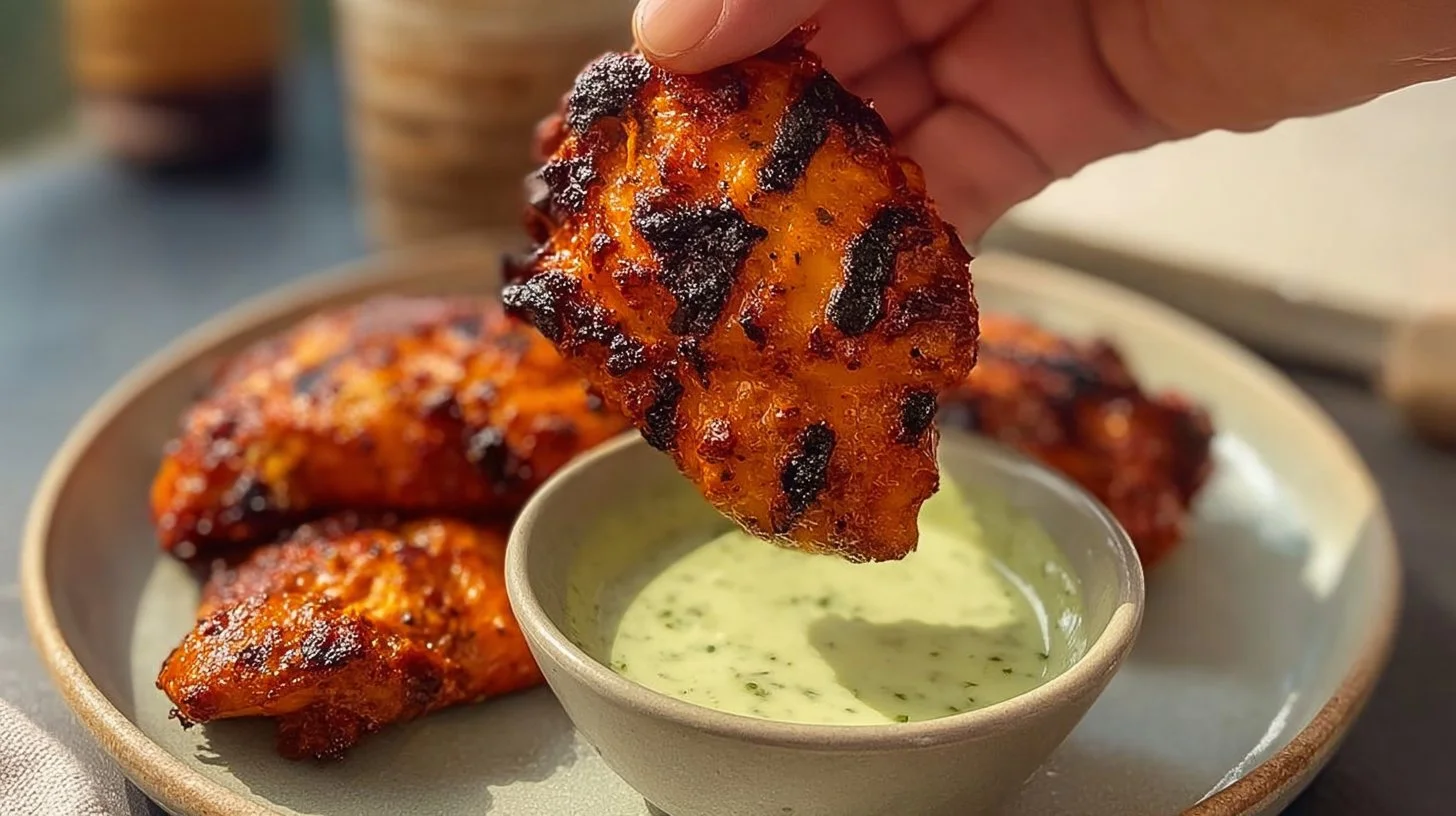 Marinated chicken thighs with zesty herb sauce on a rustic plate