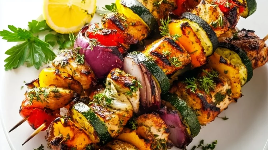 Mediterranean chicken kabobs grilled with vegetables and spices