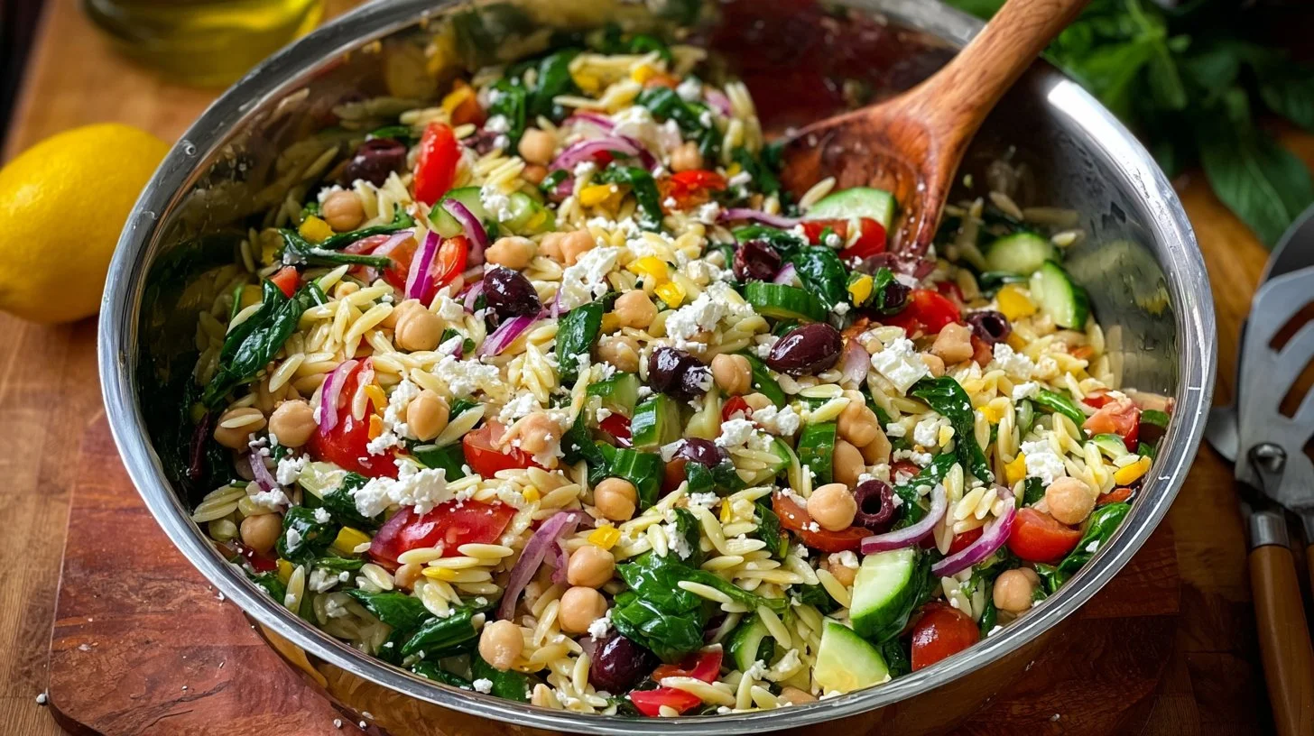 Mediterranean Orzo Pasta Salad with fresh vegetables and herbs