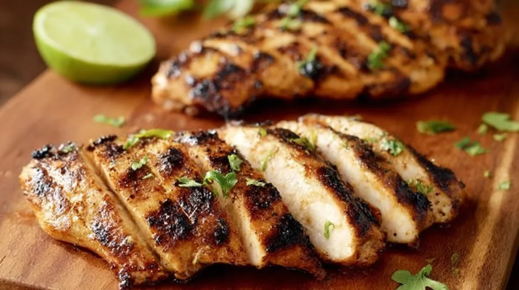Plate of Mexican Honey-Lime Grilled Chicken garnished with lime and herbs