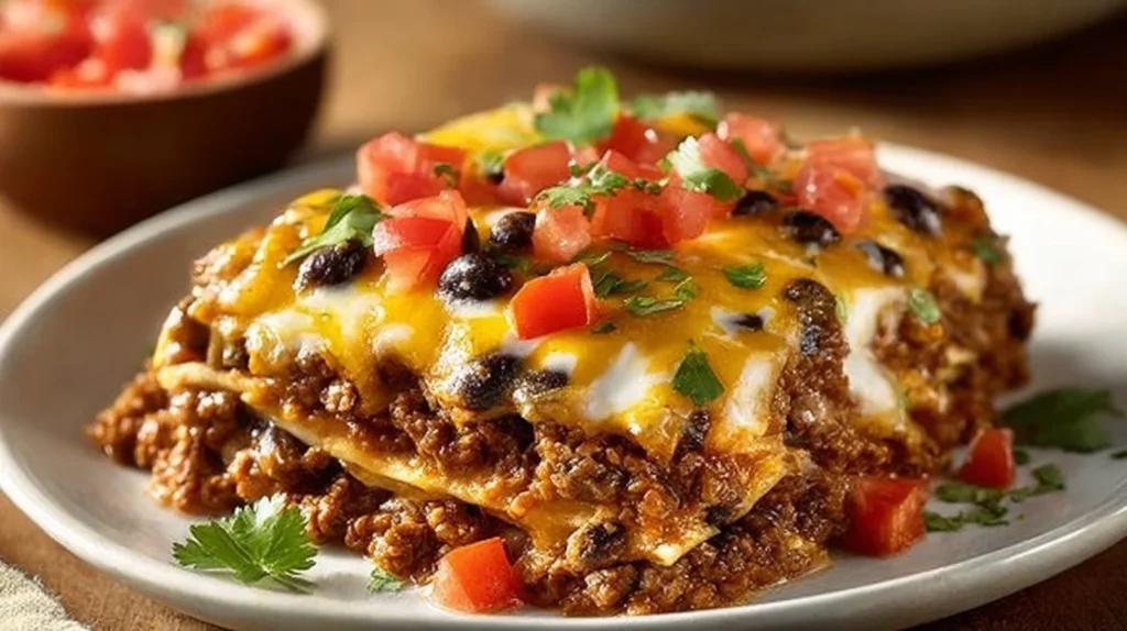 Delicious Mexican Lasagna with layers of tortillas, beans, and cheese.