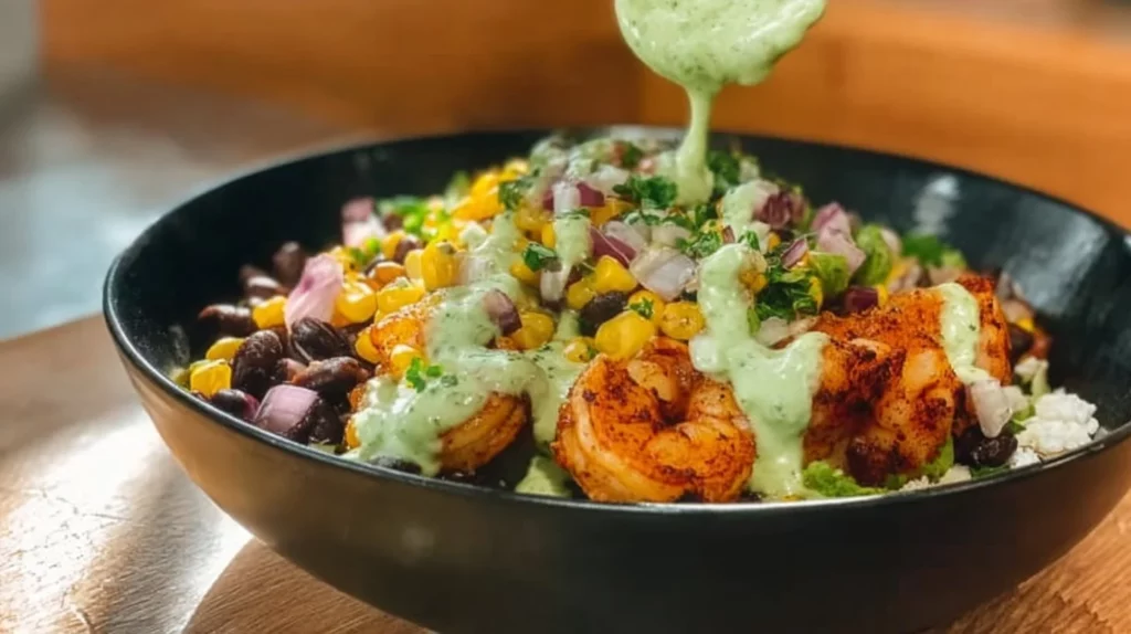 Colorful Mexican shrimp bowl with fresh ingredients and spices
