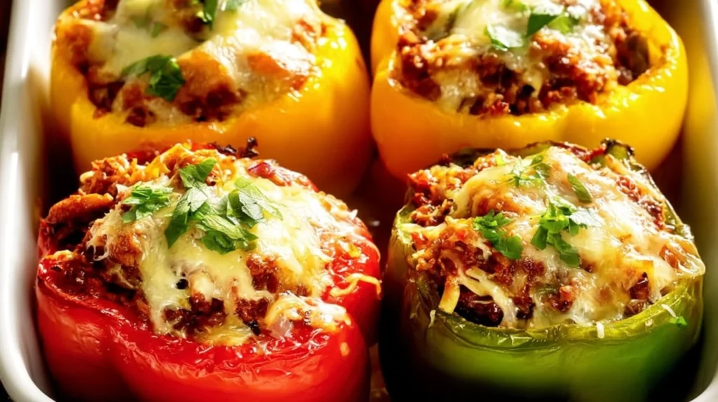 Mexican stuffed bell peppers filled with seasoned ingredients ready to eat.