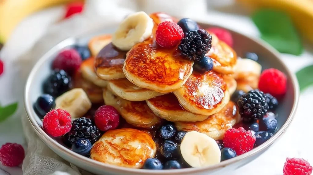Mini banana pancake bites served on a plate with syrup and fresh fruit