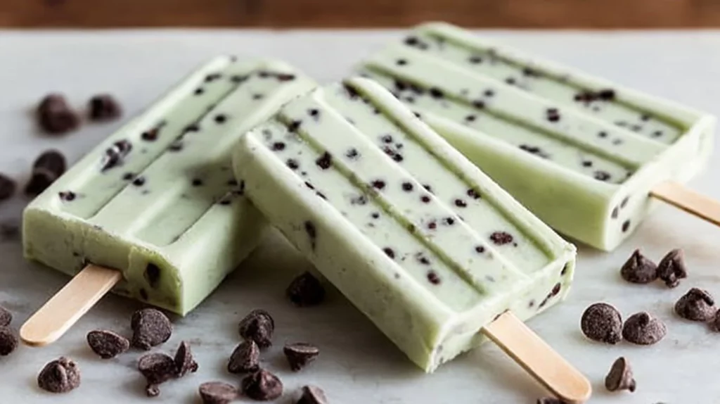 Mint Chocolate Chip Popsicles ready to enjoy on a sunny day.