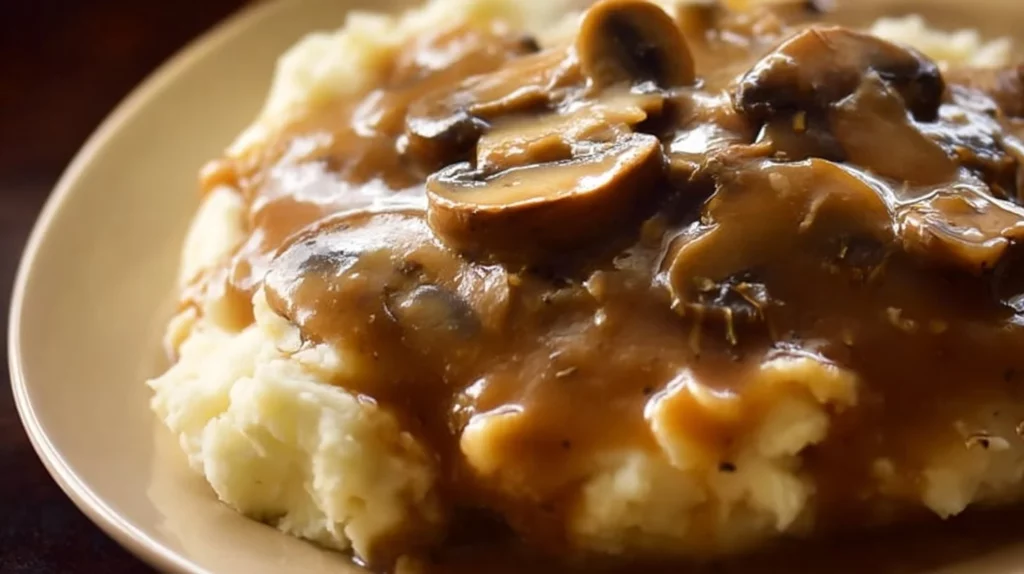 Delicious homemade mushroom gravy served over mashed potatoes