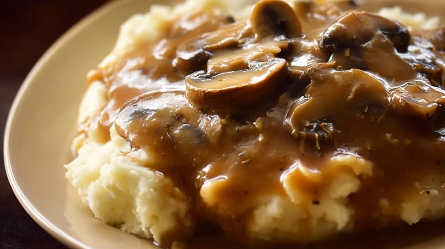 Delicious homemade mushroom gravy served over mashed potatoes