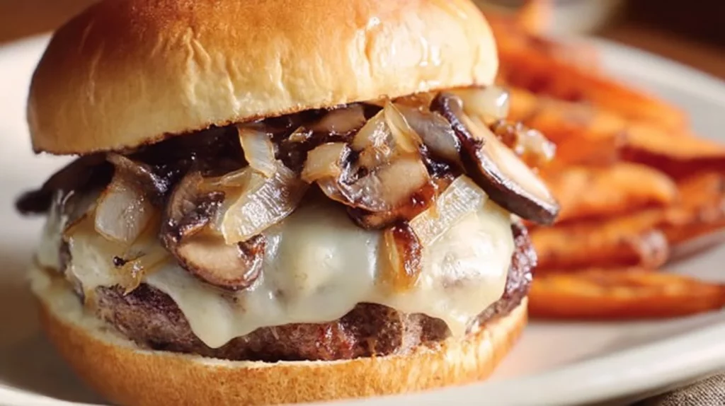 Delicious Mushroom Swiss Burger with sautéed mushrooms and Swiss cheese